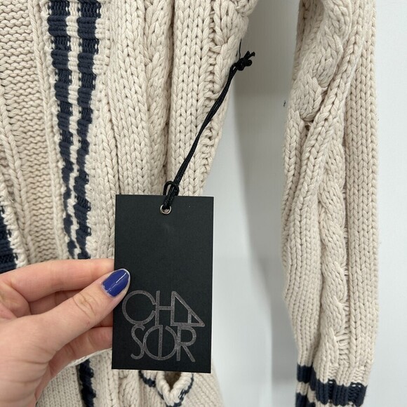 NWT CHASER Cream Navy Blue Chunky Cable Knit Waist Tie Cardigan Sweater Small - Picture 7 of 9